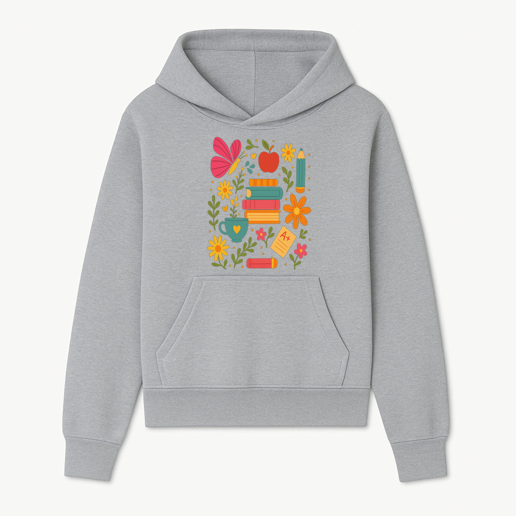Colorful School Supplies and Flowers Art Print, Butterfly and Books, Educational Decor, Cute Classroom Wall Art, A+ Motivation - Hoodie 1758093370952.jpg