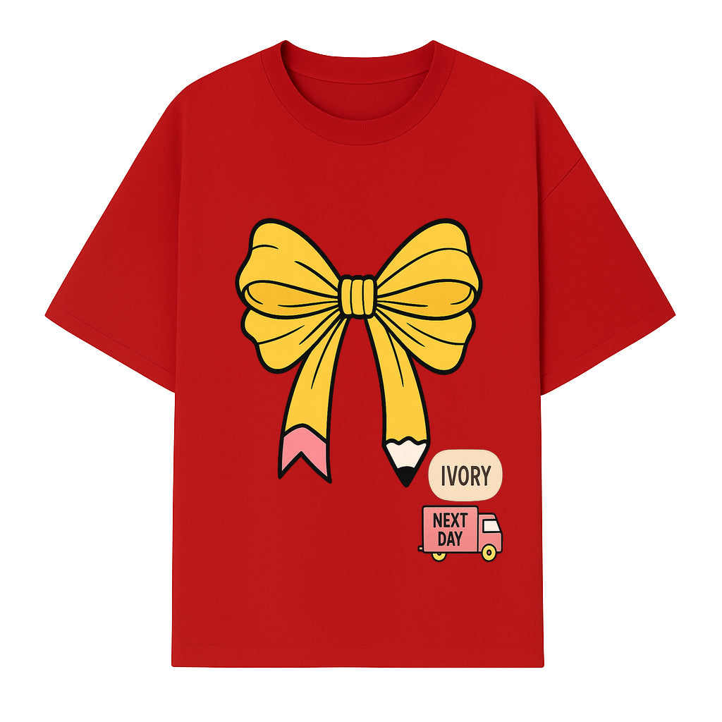 Yellow Pencil Bow Decor Cute Stationery Gift, Art Supplies, Kids School Accessories, Next Day Shipping, Ivory Color Theme - T-shirt 1758093371002.jpg