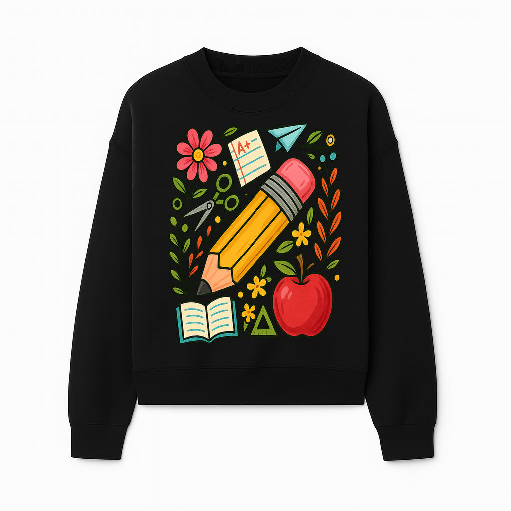 Colorful School Supplies Illustration Pencil, Apple, Flowers, Book and A+ Note Cute Educational Art Print for Classroom Decor - Sweatshirt 1758093371026.jpg