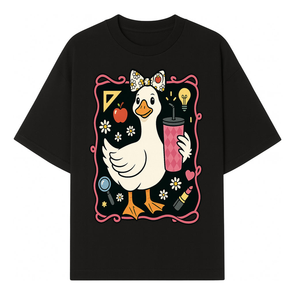 Cute Duck with Bow and Drink - Whimsical Animal Art Print, Fun Retro Style Home Decor, Ideal for Kids' Rooms or Gift Ideas - T-shirt 1758093371073.jpg