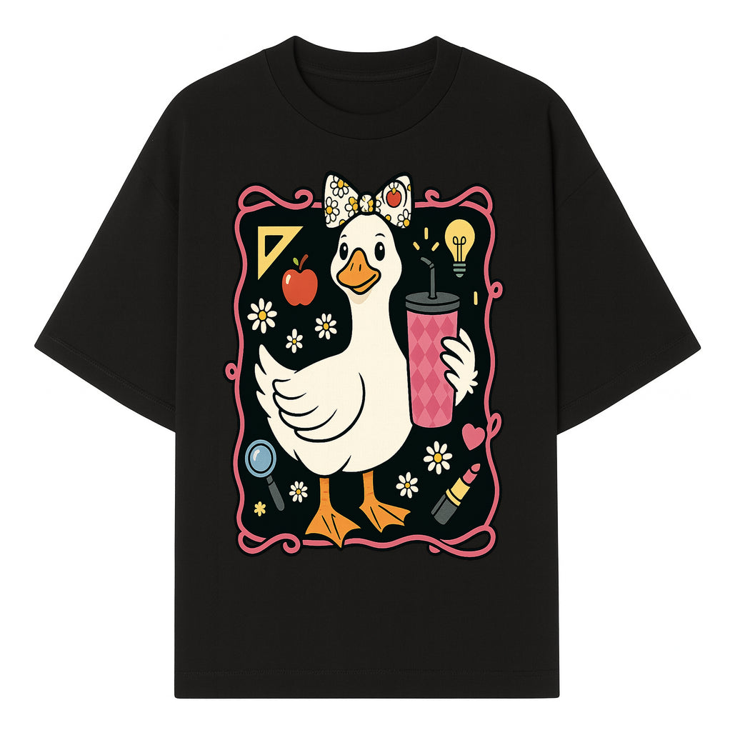 Cute Duck with Bow and Drink - Whimsical Animal Art Print, Fun Retro Style Home Decor, Ideal for Kids' Rooms or Gift Ideas - T-shirt 1758093371073.jpg