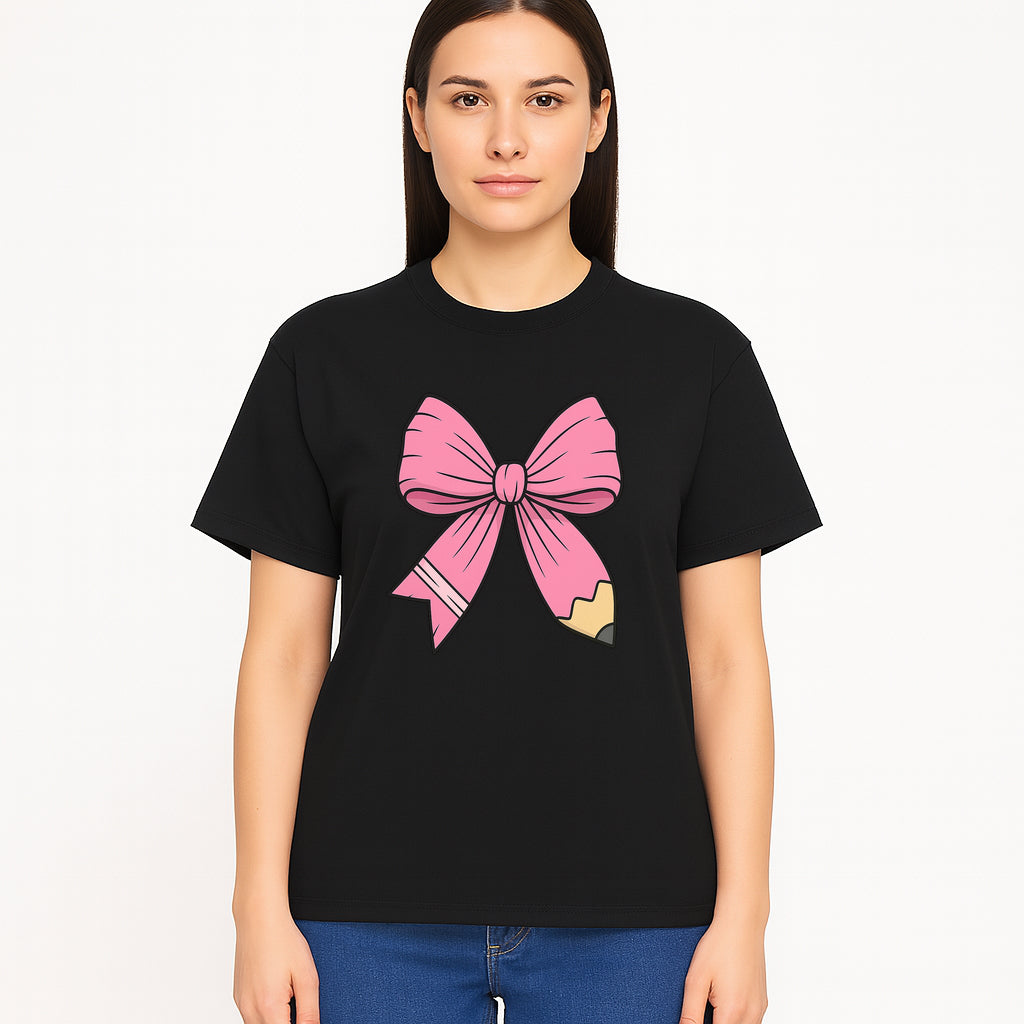 Pink Bow with Pencil Design, Cute Stationery Decor, Gift for Teachers, School Supplies, Arts and Crafts, Kawaii Aesthetic Accessories - T-shirt 1758093371079.jpg
