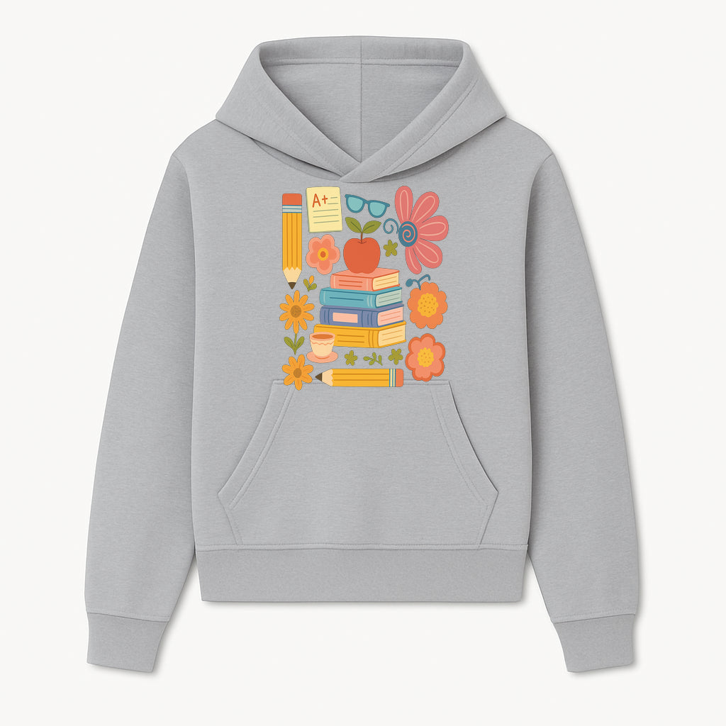 Colorful School Supplies Print - Books, Pencil, Apple, Flowers, and Glasses - Cute Classroom Decor for Kids or Teachers - Hoodie 1758093371096.jpg