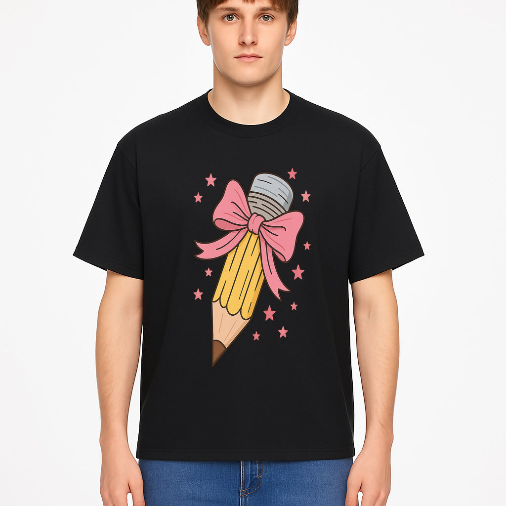 Cute Pencil with Pink Bow and Stars - Kawaii Art Print, Stationery Decor, Classroom Wall Art, Gift for Students or Teachers - T-shirt 1758093371109.jpg