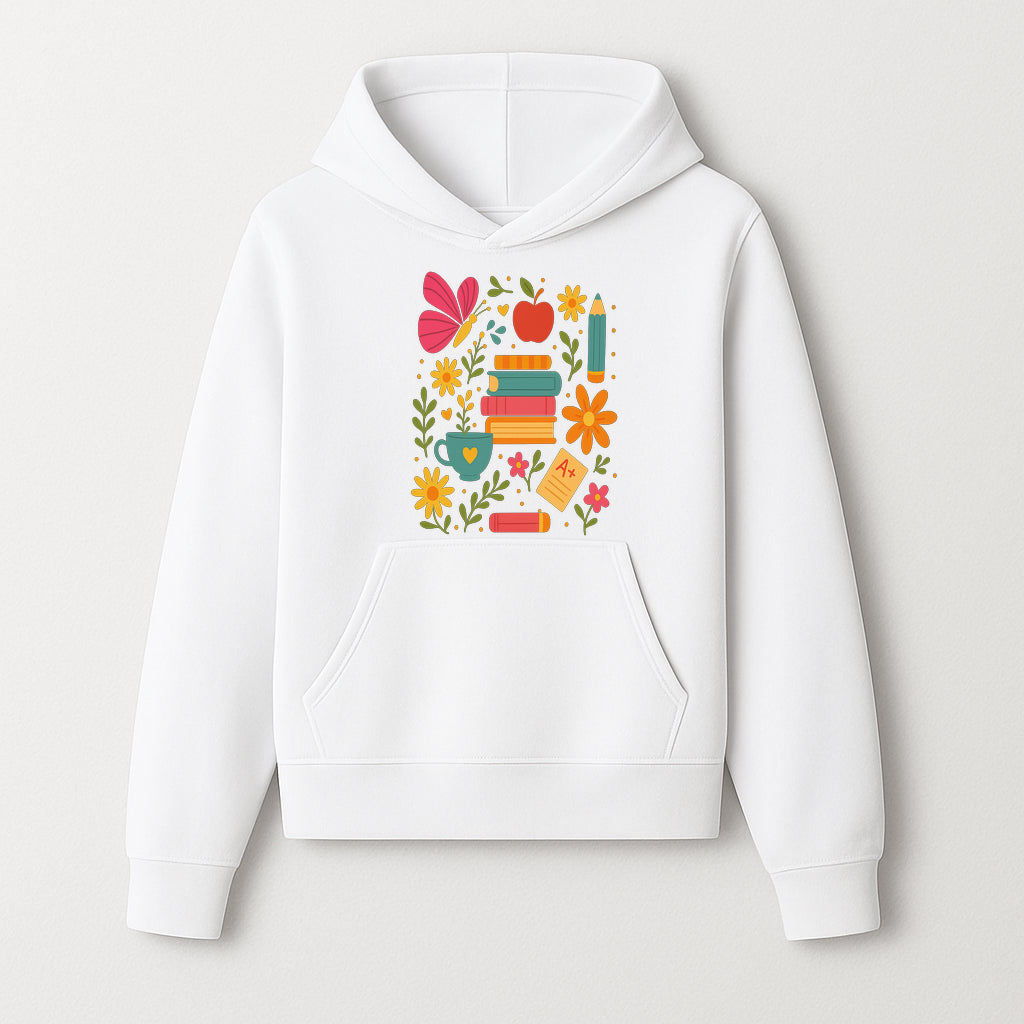 Colorful School Supplies and Flowers Art Print, Butterfly and Books, Educational Decor, Cute Classroom Wall Art, A+ Motivation - Hoodie 1758093371126.jpg
