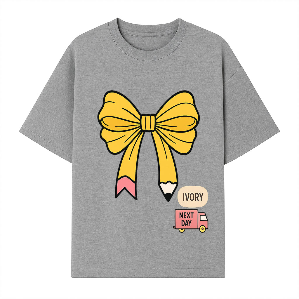 Yellow Pencil Bow Decor Cute Stationery Gift, Art Supplies, Kids School Accessories, Next Day Shipping, Ivory Color Theme - T-shirt 1758093371151.jpg