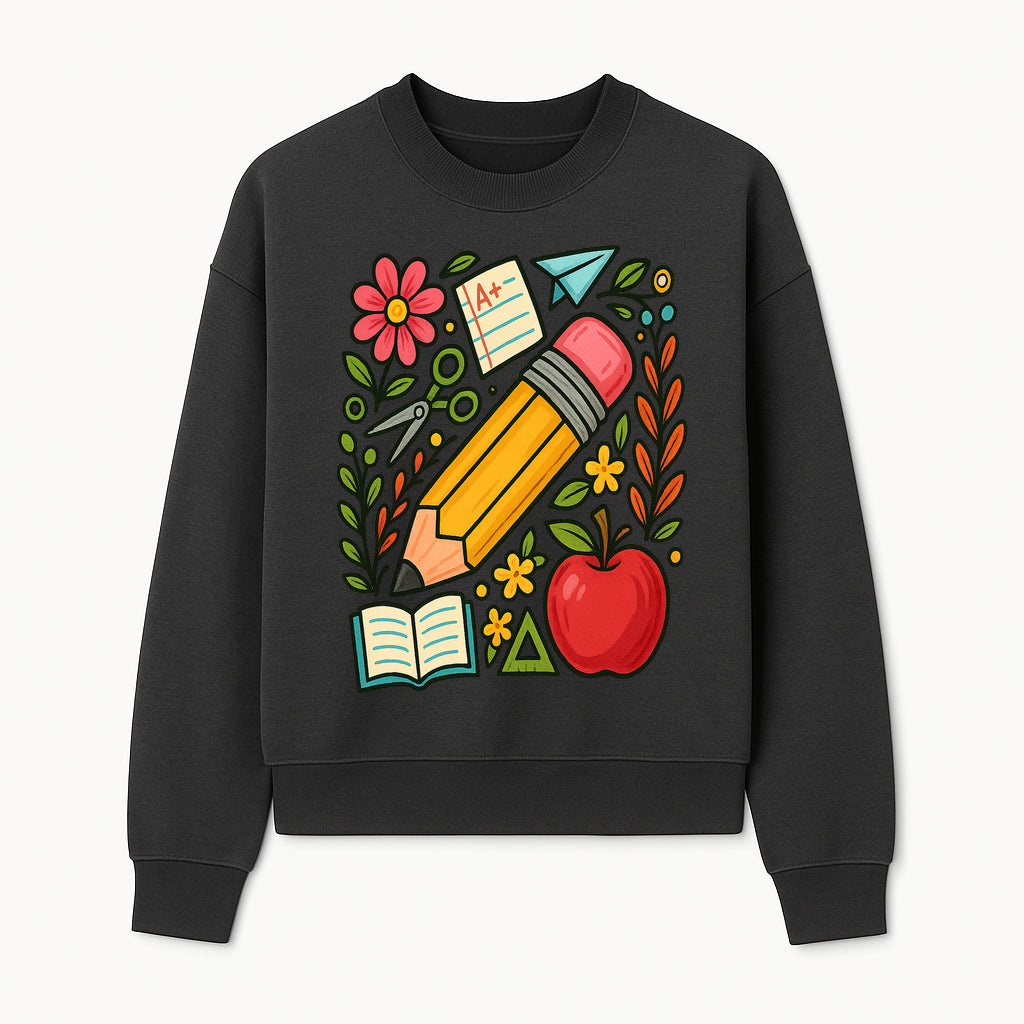Colorful School Supplies Illustration Pencil, Apple, Flowers, Book and A+ Note Cute Educational Art Print for Classroom Decor - Sweatshirt 1758093371229.jpg