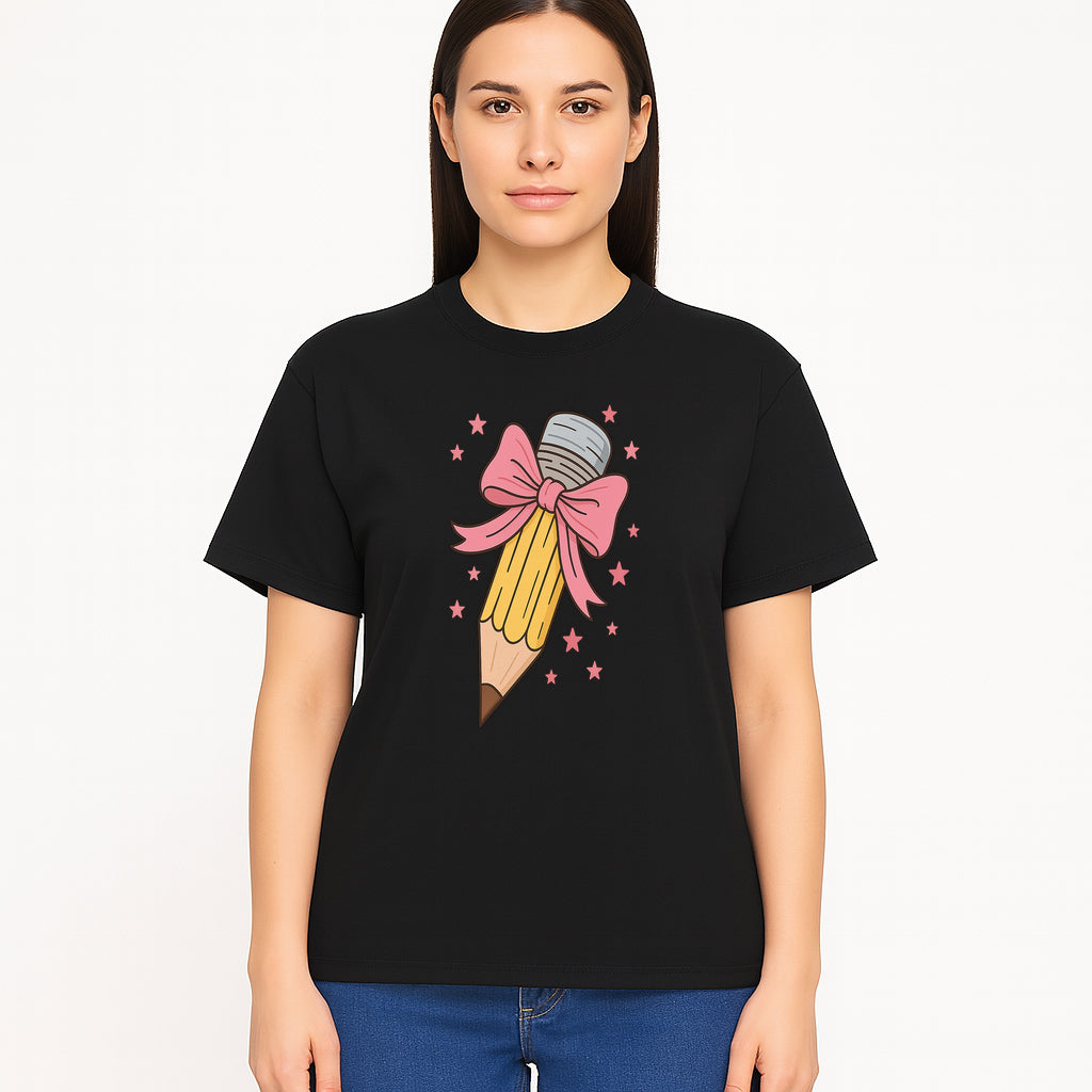 Cute Pencil with Pink Bow and Stars - Kawaii Art Print, Stationery Decor, Classroom Wall Art, Gift for Students or Teachers - T-shirt 1758093371266.jpg