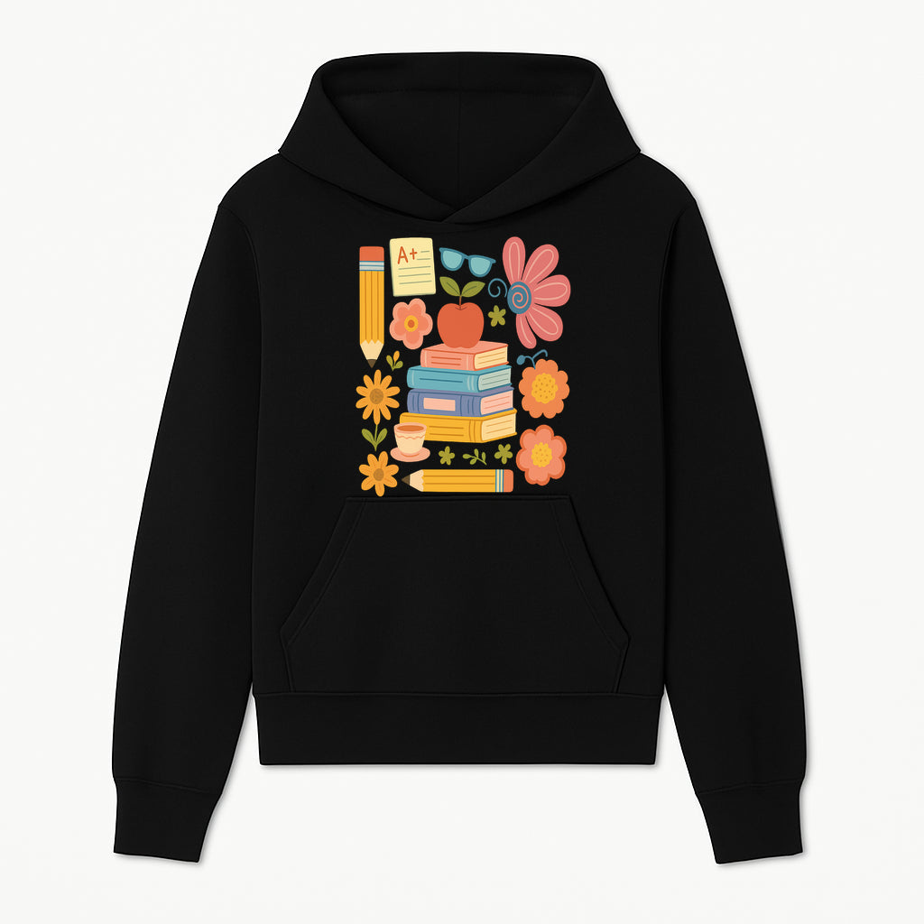 Colorful School Supplies Print - Books, Pencil, Apple, Flowers, and Glasses - Cute Classroom Decor for Kids or Teachers - Hoodie 1758093371278.jpg