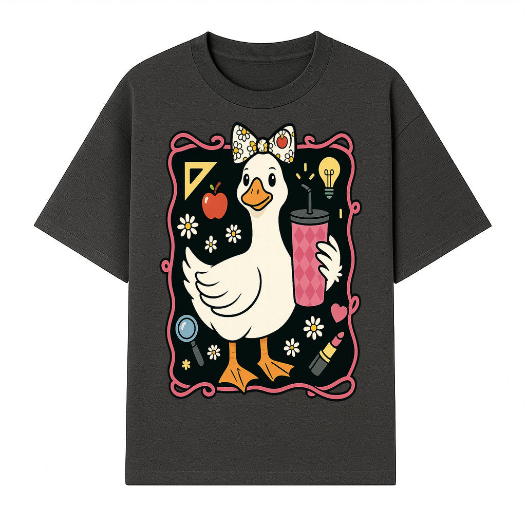 Cute Duck with Bow and Drink - Whimsical Animal Art Print, Fun Retro Style Home Decor, Ideal for Kids' Rooms or Gift Ideas - T-shirt 1758093371307.jpg