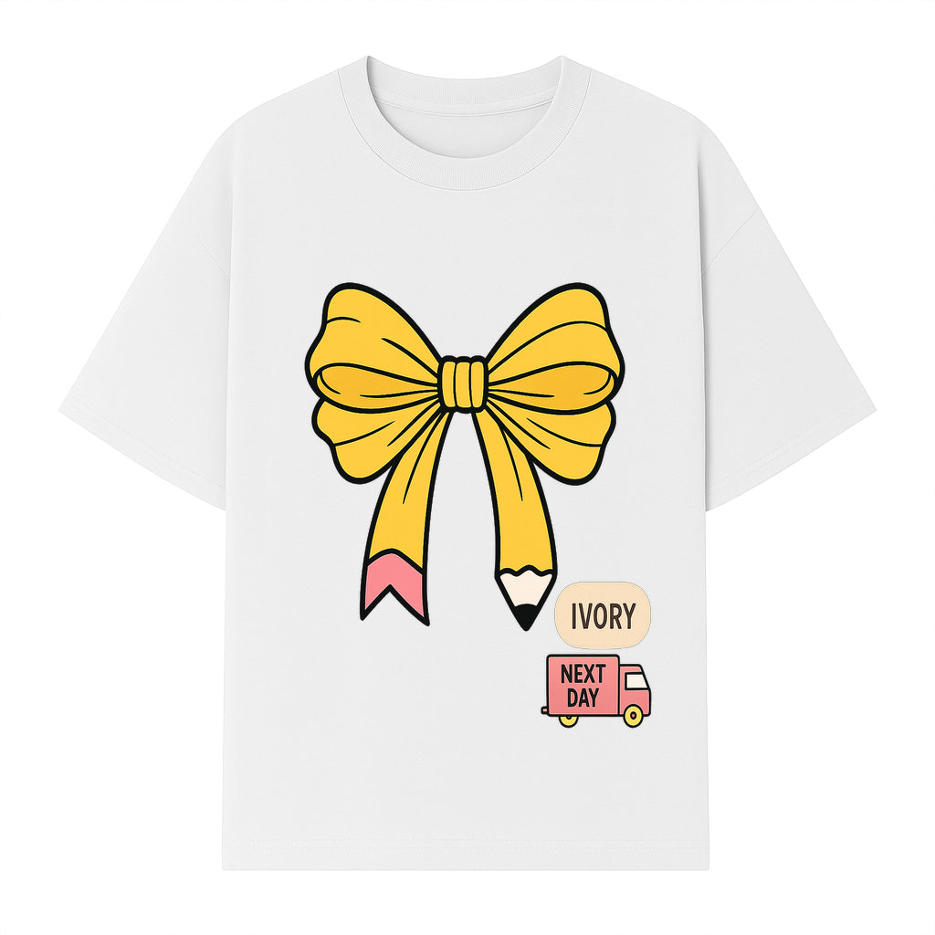 Yellow Pencil Bow Decor Cute Stationery Gift, Art Supplies, Kids School Accessories, Next Day Shipping, Ivory Color Theme - T-shirt 1758093371311.jpg