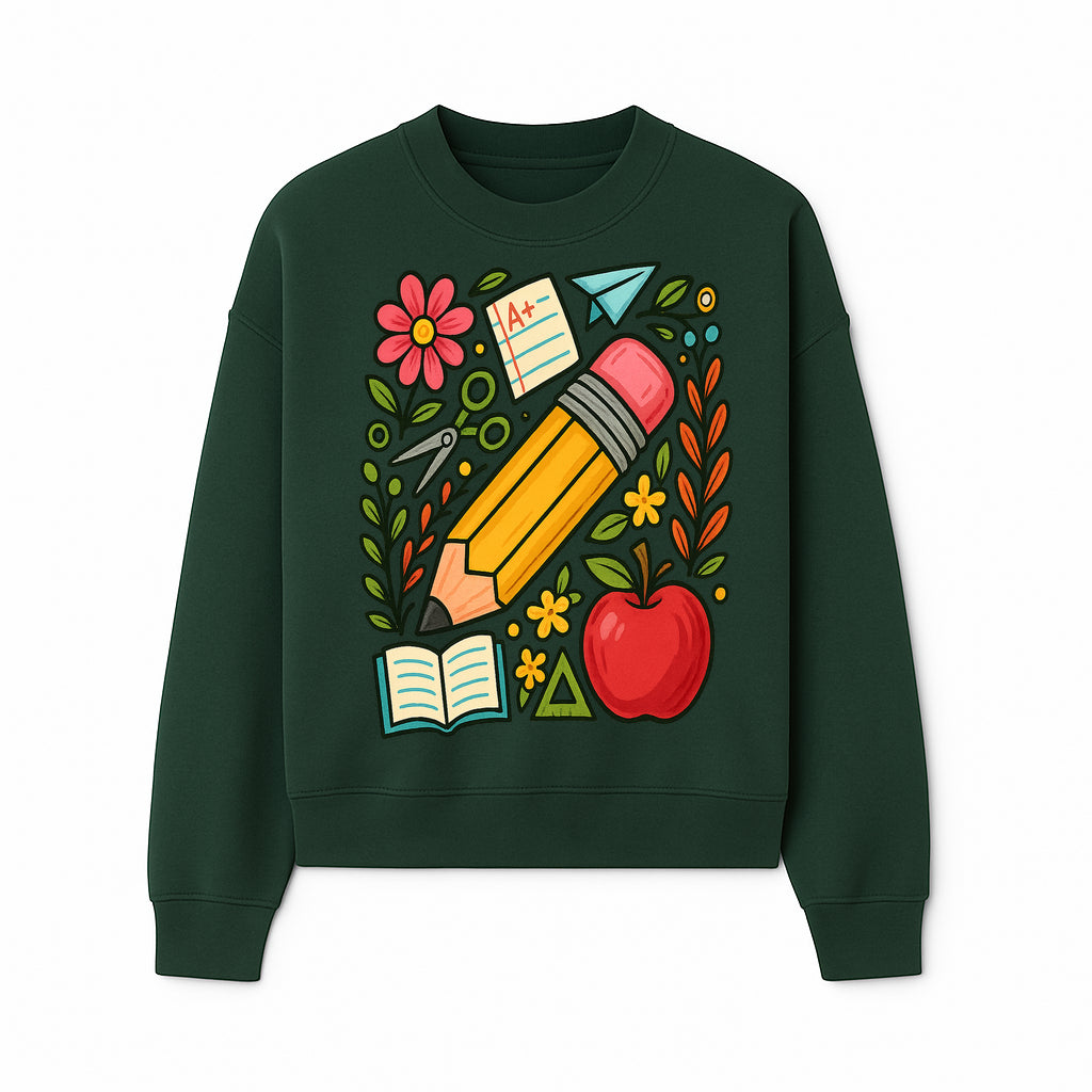 Colorful School Supplies Illustration Pencil, Apple, Flowers, Book and A+ Note Cute Educational Art Print for Classroom Decor - Sweatshirt 1758093371388.jpg