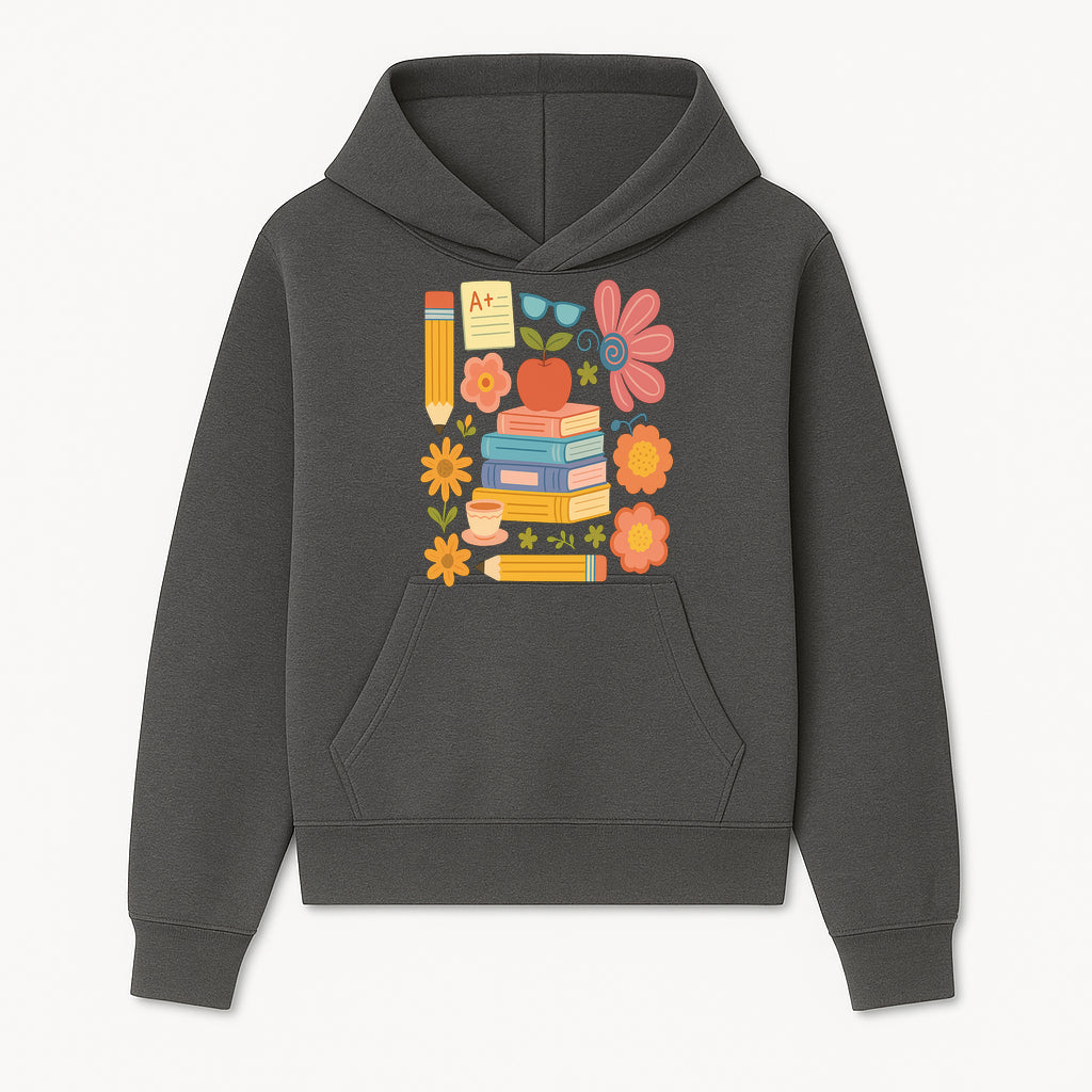 Colorful School Supplies Print - Books, Pencil, Apple, Flowers, and Glasses - Cute Classroom Decor for Kids or Teachers - Hoodie 1758093371455.jpg