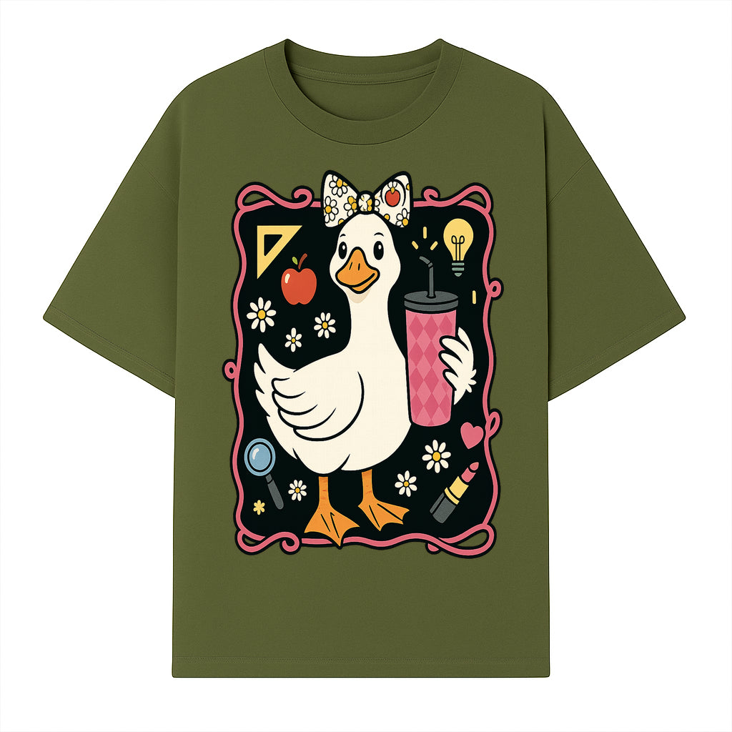 Cute Duck with Bow and Drink - Whimsical Animal Art Print, Fun Retro Style Home Decor, Ideal for Kids' Rooms or Gift Ideas - T-shirt 1758093371469.jpg