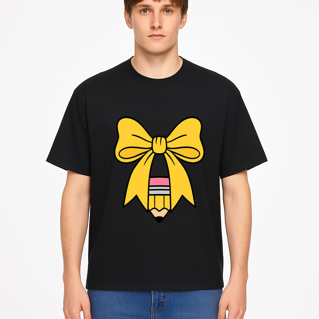 Yellow Bow and Pencil Graphic Art Print, Cute Back to School Decor, Creative Classroom Wall Art, Kids Room Decoration - T-shirt 1758093371520.jpg