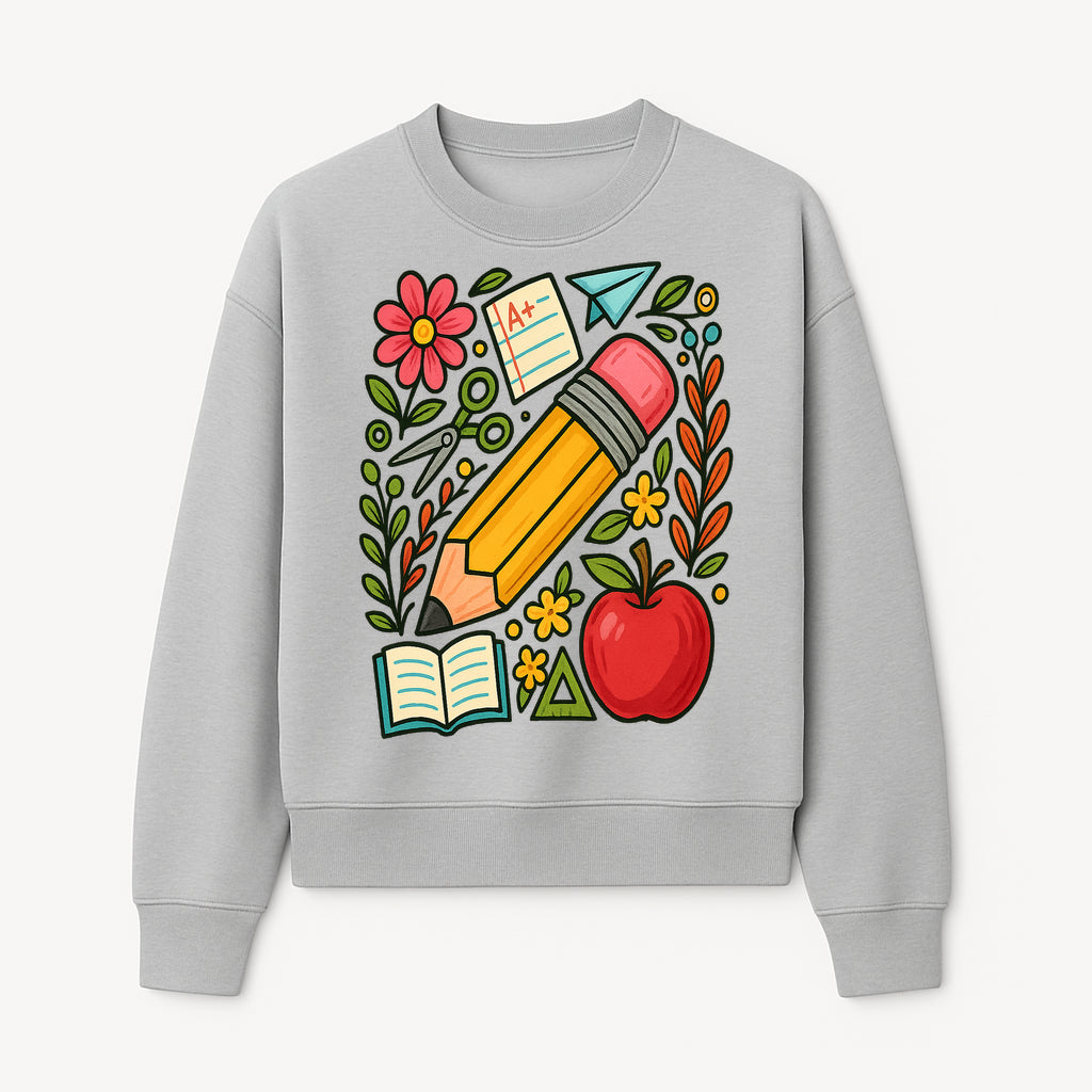 Colorful School Supplies Illustration Pencil, Apple, Flowers, Book and A+ Note Cute Educational Art Print for Classroom Decor - Sweatshirt 1758093371537.jpg