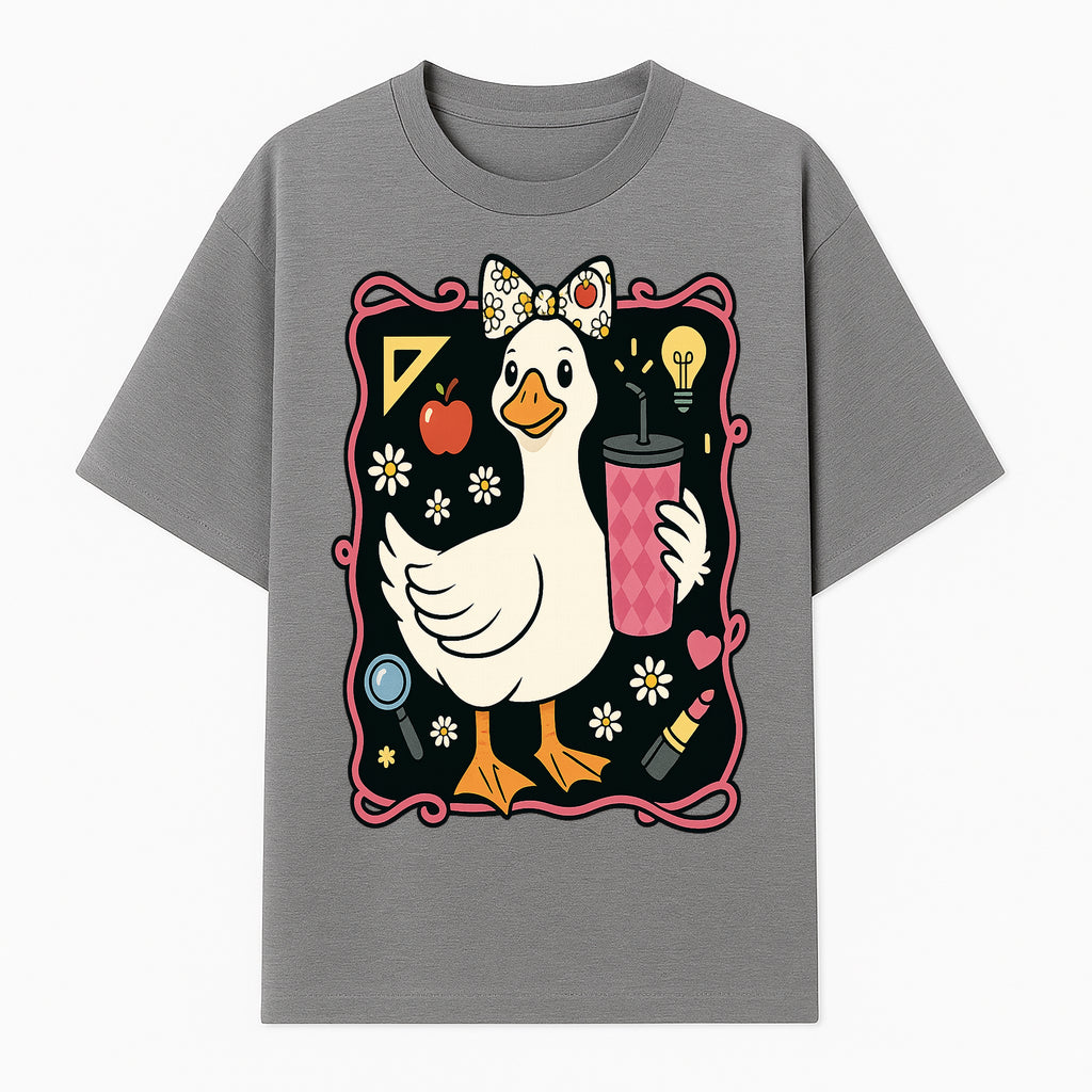 Cute Duck with Bow and Drink - Whimsical Animal Art Print, Fun Retro Style Home Decor, Ideal for Kids' Rooms or Gift Ideas - T-shirt 1758093371652.jpg