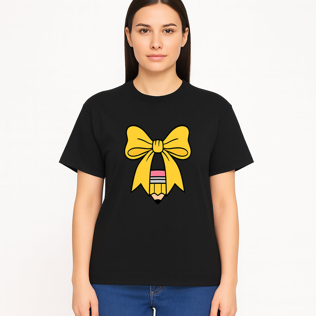 Yellow Bow and Pencil Graphic Art Print, Cute Back to School Decor, Creative Classroom Wall Art, Kids Room Decoration - T-shirt 1758093371690.jpg