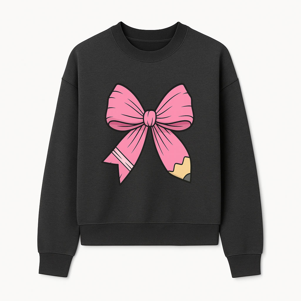 Pink Bow with Pencil Design, Cute Stationery Decor, Gift for Teachers, School Supplies, Arts and Crafts, Kawaii Aesthetic Accessories - Sweatshirt 1758093371712.jpg