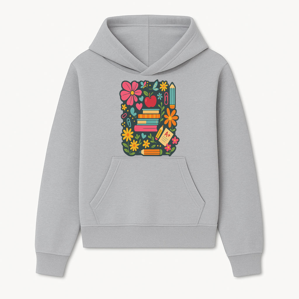 Colorful School Supplies and Flowers Illustration, Cute Educational Wall Art, Back to School Decor, Classroom Decoration, Kids Room Art - Hoodie 1758093371719.jpg