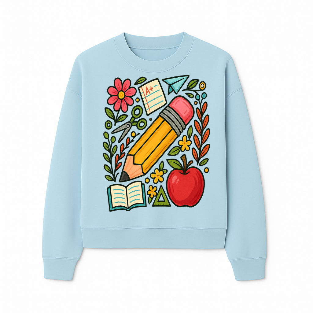 Colorful School Supplies Illustration Pencil, Apple, Flowers, Book and A+ Note Cute Educational Art Print for Classroom Decor - Sweatshirt 1758093371727.jpg