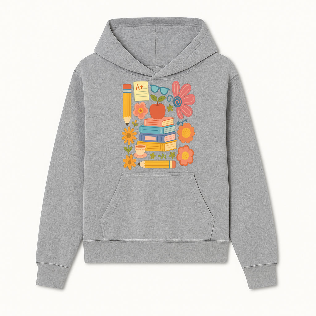 Colorful School Supplies Print - Books, Pencil, Apple, Flowers, and Glasses - Cute Classroom Decor for Kids or Teachers - Hoodie 1758093371784.jpg