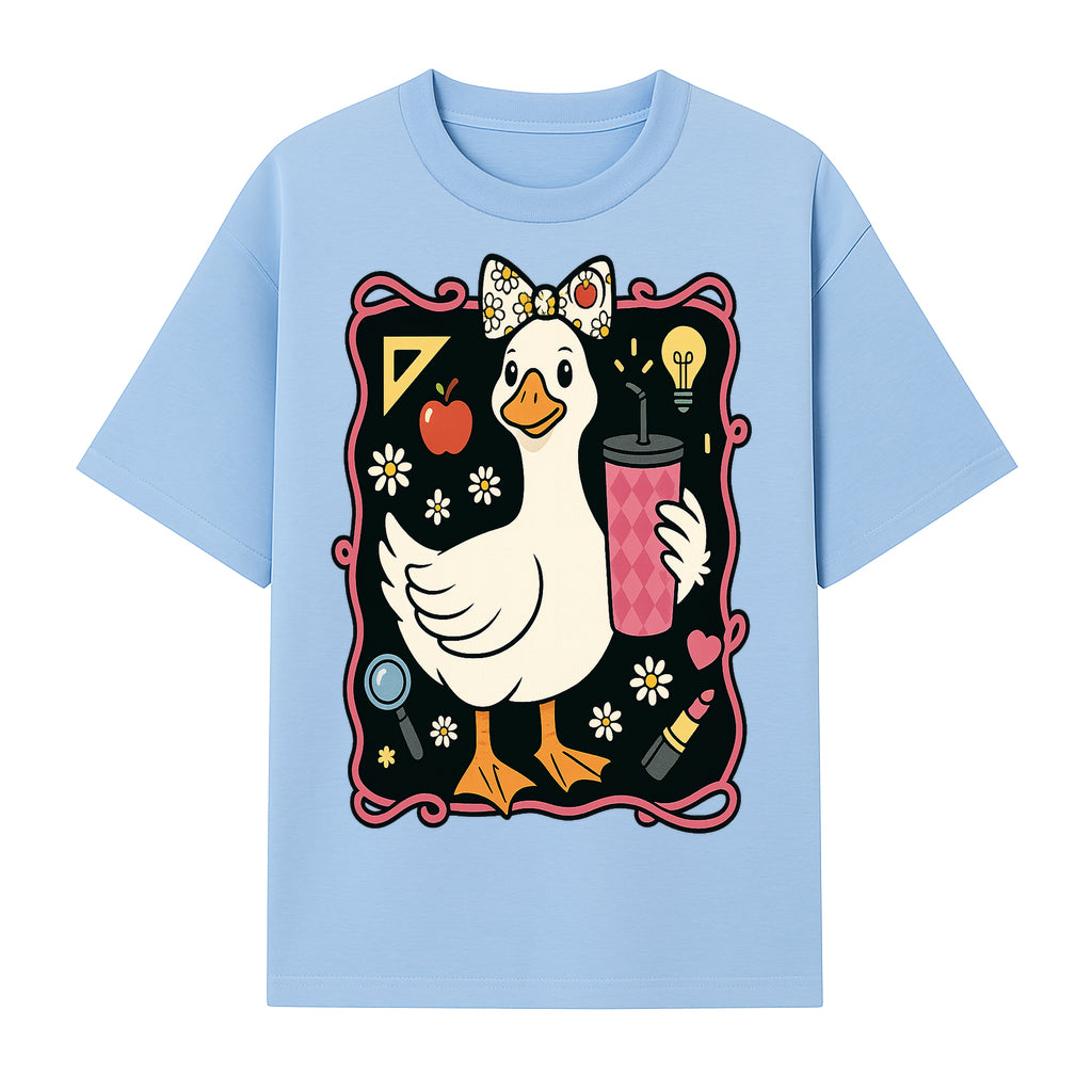 Cute Duck with Bow and Drink - Whimsical Animal Art Print, Fun Retro Style Home Decor, Ideal for Kids' Rooms or Gift Ideas - T-shirt 1758093371847.jpg