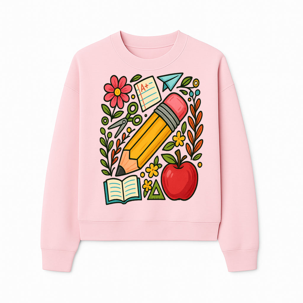 Colorful School Supplies Illustration Pencil, Apple, Flowers, Book and A+ Note Cute Educational Art Print for Classroom Decor - Sweatshirt 1758093371912.jpg