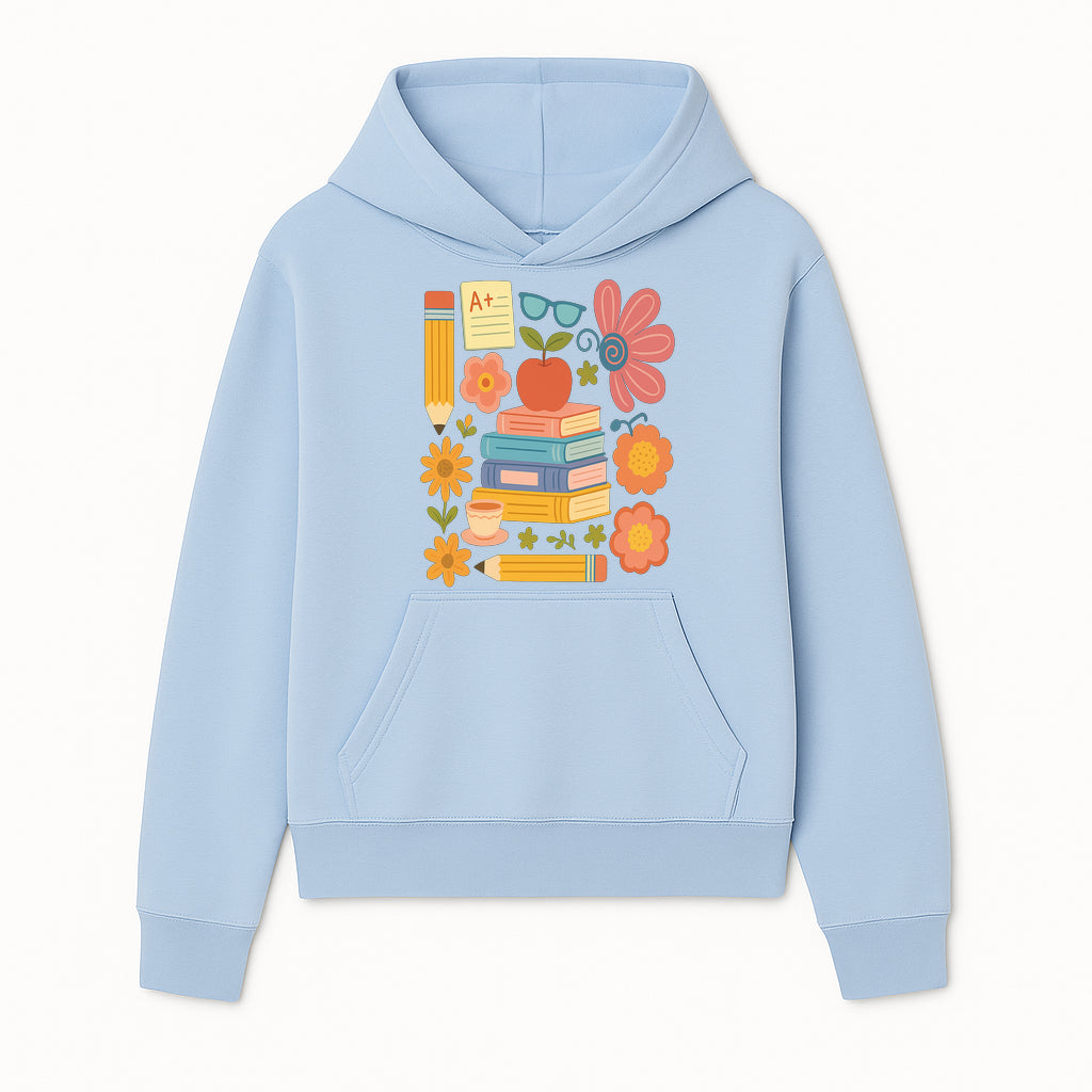 Colorful School Supplies Print - Books, Pencil, Apple, Flowers, and Glasses - Cute Classroom Decor for Kids or Teachers - Hoodie 1758093371959.jpg