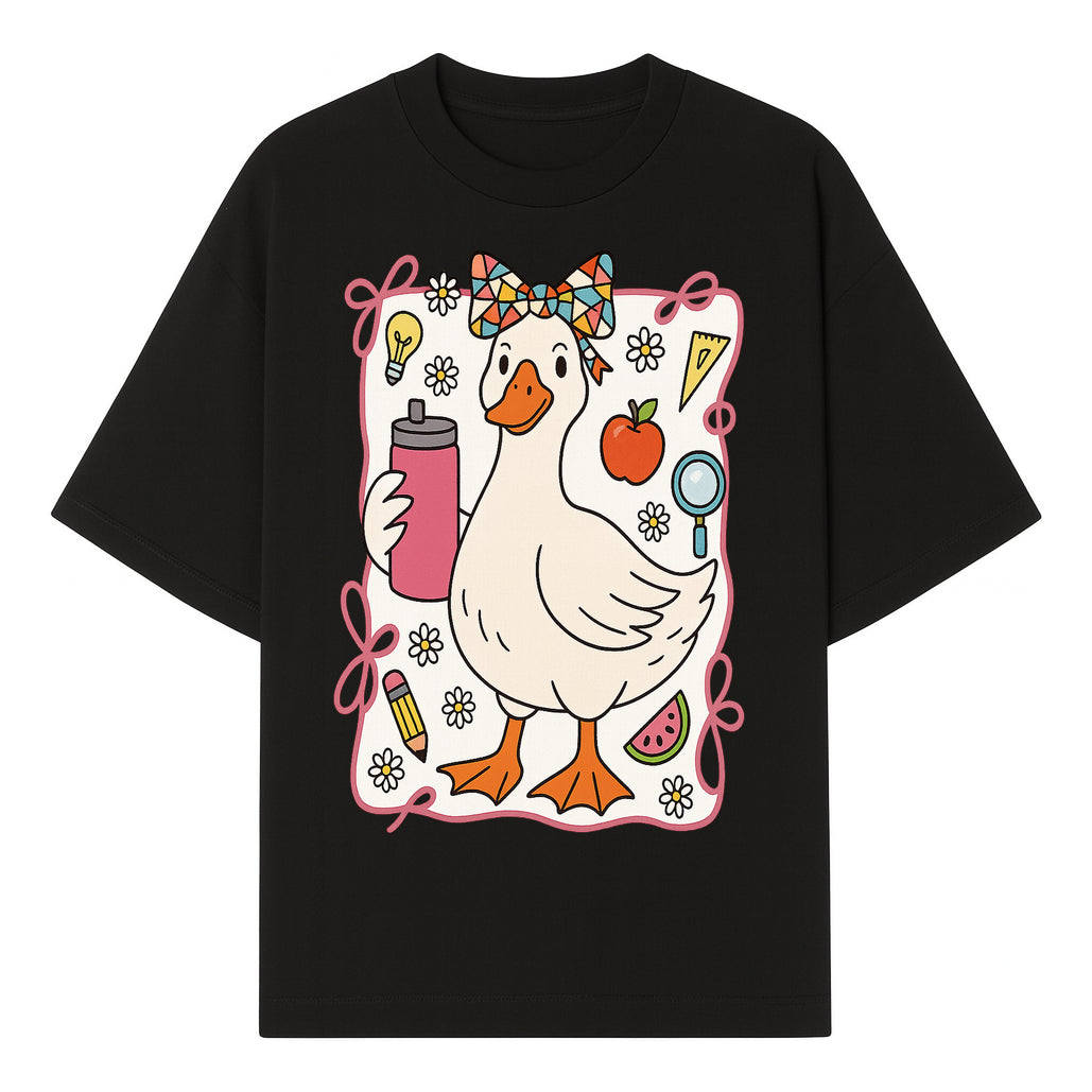 Cute Creative Duck Art Print with Supplies, Colorful Bow, and Fun Icons - Whimsical Home Decor for Kids and Animal Lovers - T-shirt 1758093371987.jpg