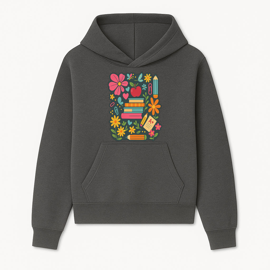Colorful School Supplies and Flowers Illustration, Cute Educational Wall Art, Back to School Decor, Classroom Decoration, Kids Room Art - Hoodie 1758093372009.jpg
