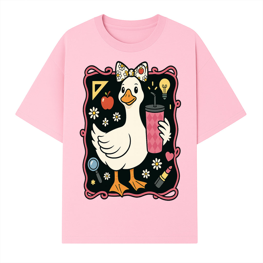 Cute Duck with Bow and Drink - Whimsical Animal Art Print, Fun Retro Style Home Decor, Ideal for Kids' Rooms or Gift Ideas - T-shirt 1758093372020.jpg