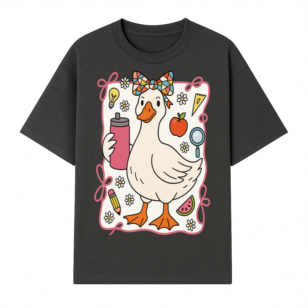 Cute Creative Duck Art Print with Supplies, Colorful Bow, and Fun Icons - Whimsical Home Decor for Kids and Animal Lovers - T-shirt 1758093372142.jpg
