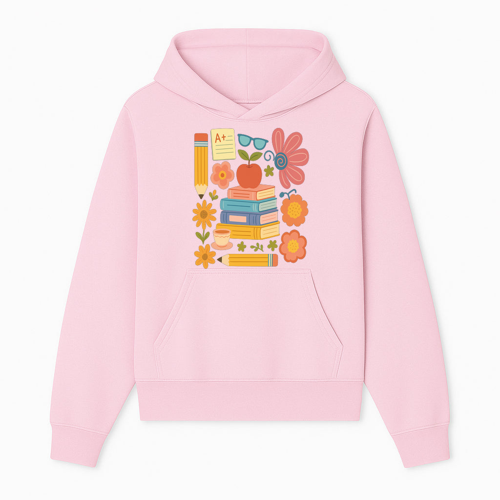Colorful School Supplies Print - Books, Pencil, Apple, Flowers, and Glasses - Cute Classroom Decor for Kids or Teachers - Hoodie 1758093372154.jpg