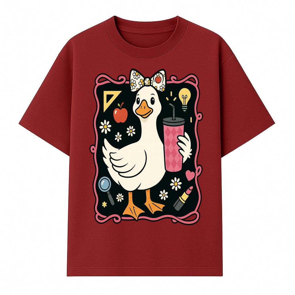 Cute Duck with Bow and Drink - Whimsical Animal Art Print, Fun Retro Style Home Decor, Ideal for Kids' Rooms or Gift Ideas - T-shirt 1758093372171.jpg