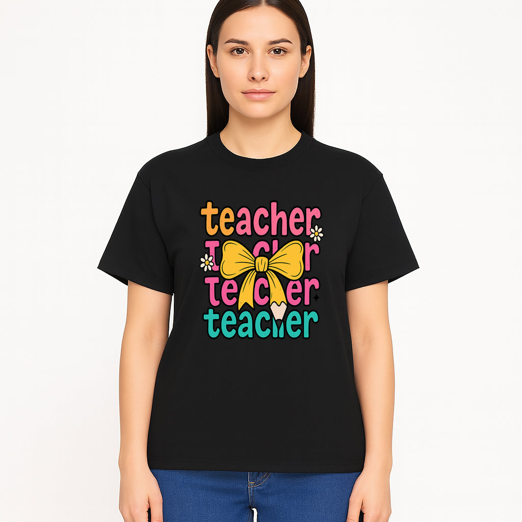 Colorful Teacher Graphic Tee with Pencil and Bow | Cute Teacher Appreciation Gift for Students or Educators - T-shirt 1758093372172.jpg