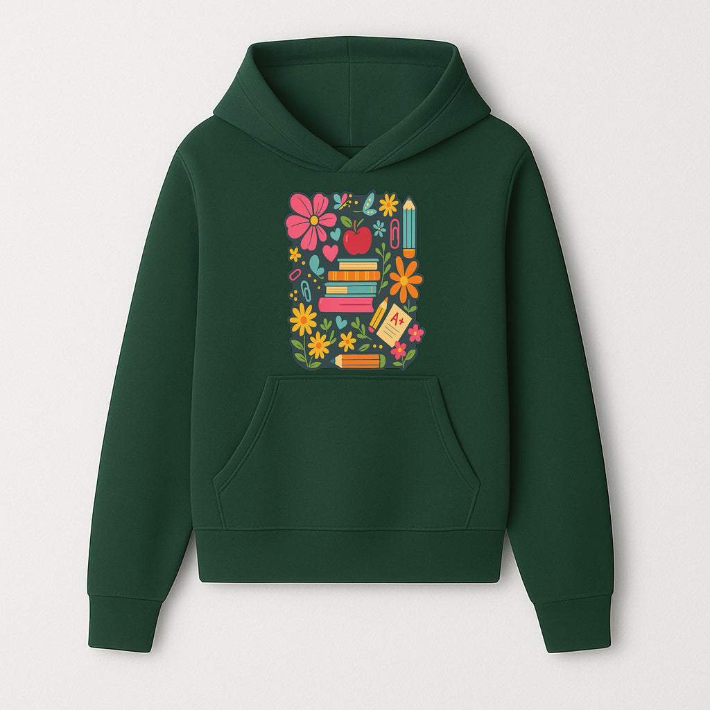 Colorful School Supplies and Flowers Illustration, Cute Educational Wall Art, Back to School Decor, Classroom Decoration, Kids Room Art - Hoodie 1758093372201.jpg