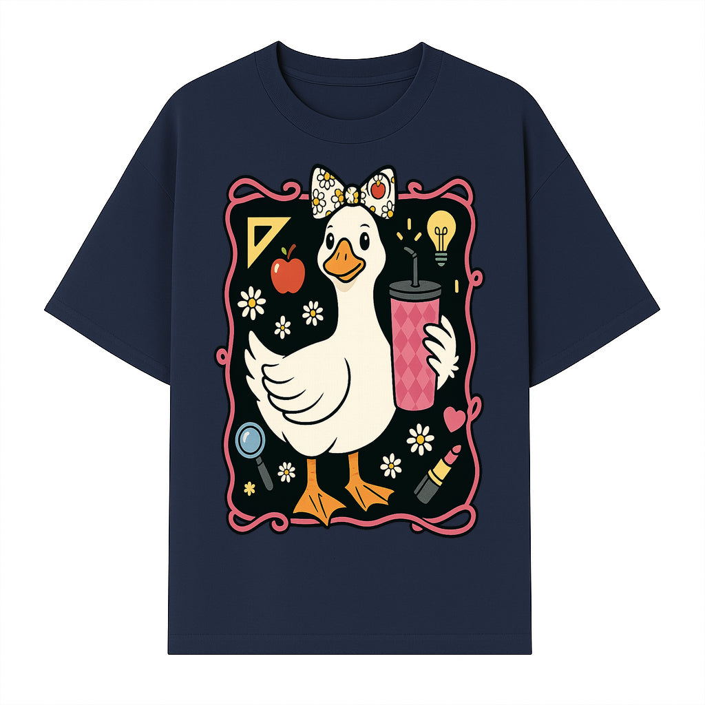 Cute Duck with Bow and Drink - Whimsical Animal Art Print, Fun Retro Style Home Decor, Ideal for Kids' Rooms or Gift Ideas - T-shirt 1758093372307.jpg