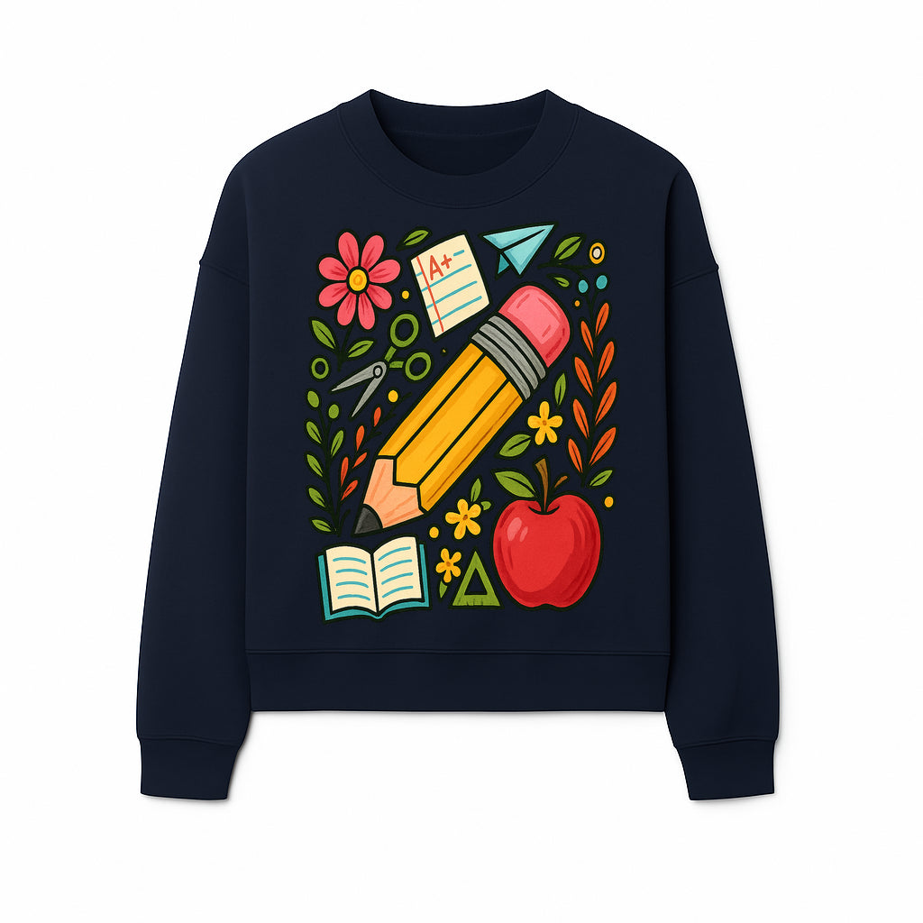 Colorful School Supplies Illustration Pencil, Apple, Flowers, Book and A+ Note Cute Educational Art Print for Classroom Decor - Sweatshirt 1758093372310.jpg