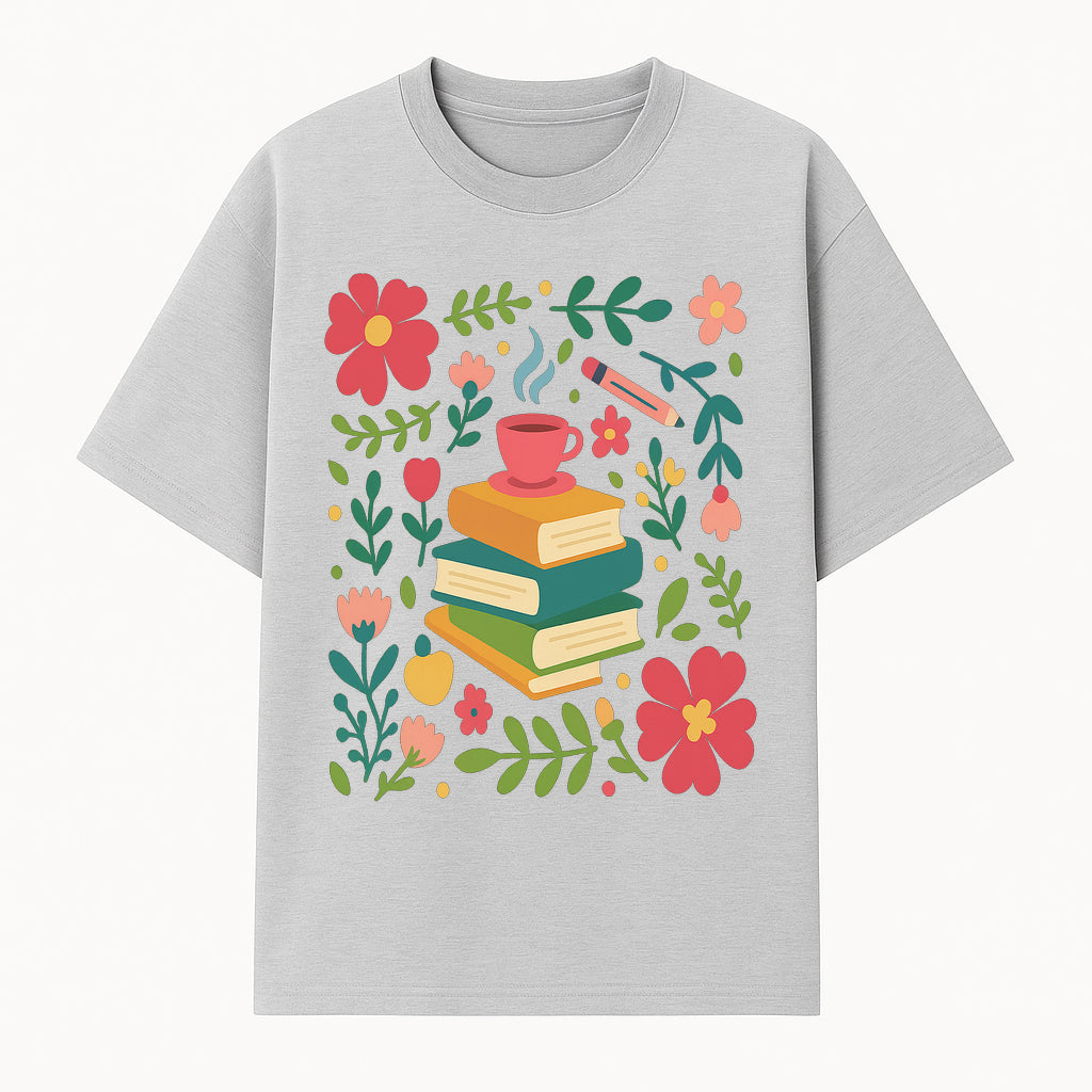 Whimsical Book Stack with Coffee and Flowers Art Print - Cozy Reading Decor for Home or Office - T-shirt 1758093372348.jpg