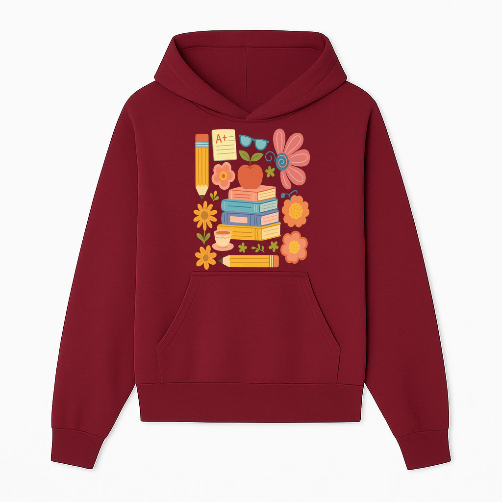 Colorful School Supplies Print - Books, Pencil, Apple, Flowers, and Glasses - Cute Classroom Decor for Kids or Teachers - Hoodie 1758093372406.jpg