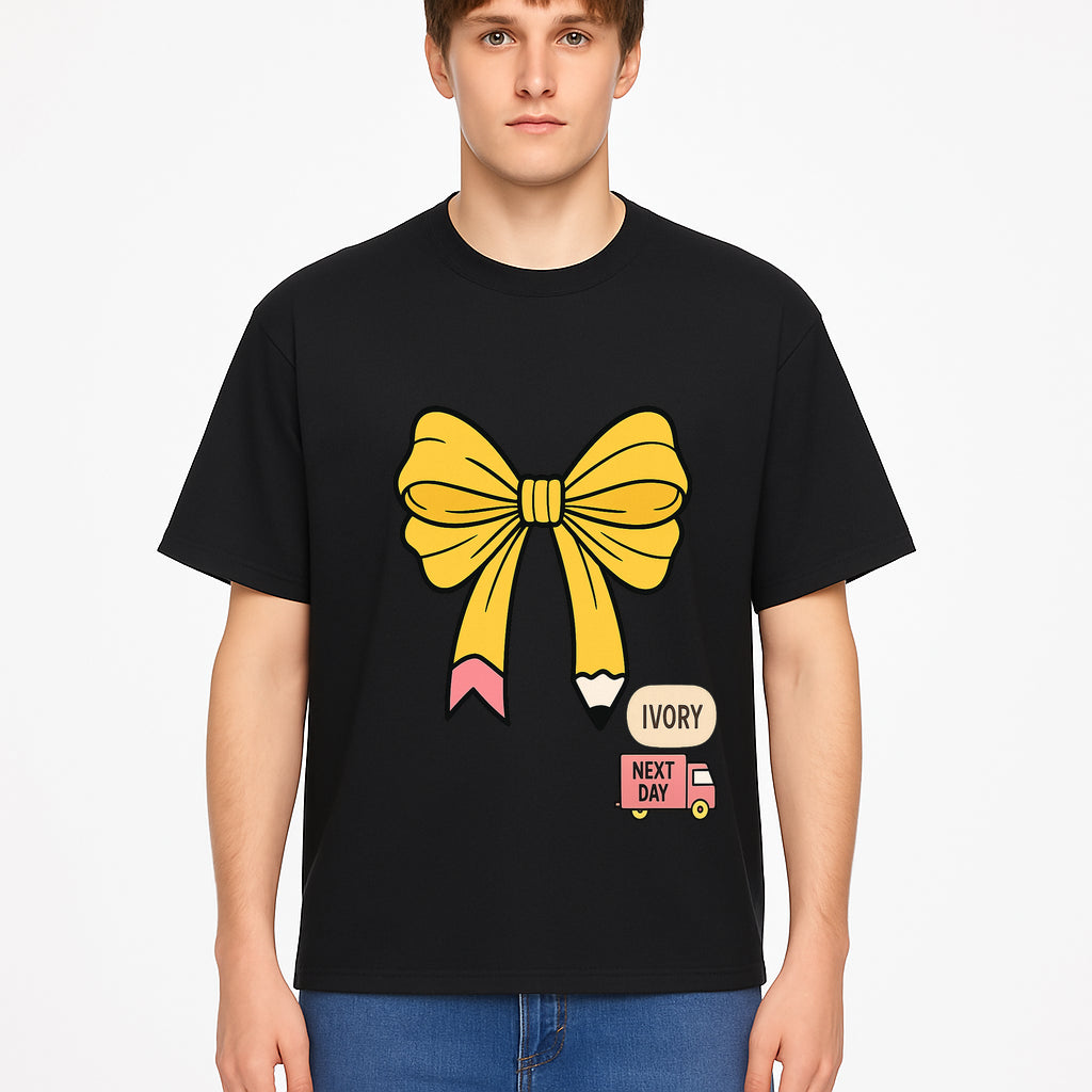 Yellow Pencil Bow Decor Cute Stationery Gift, Art Supplies, Kids School Accessories, Next Day Shipping, Ivory Color Theme - T-shirt 1758093372438.jpg