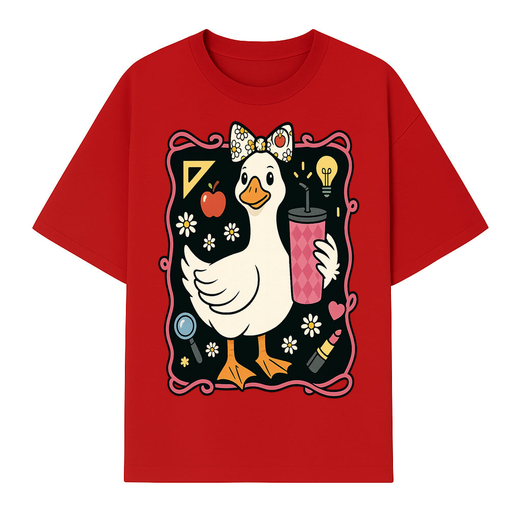 Cute Duck with Bow and Drink - Whimsical Animal Art Print, Fun Retro Style Home Decor, Ideal for Kids' Rooms or Gift Ideas - T-shirt 1758093372449.jpg