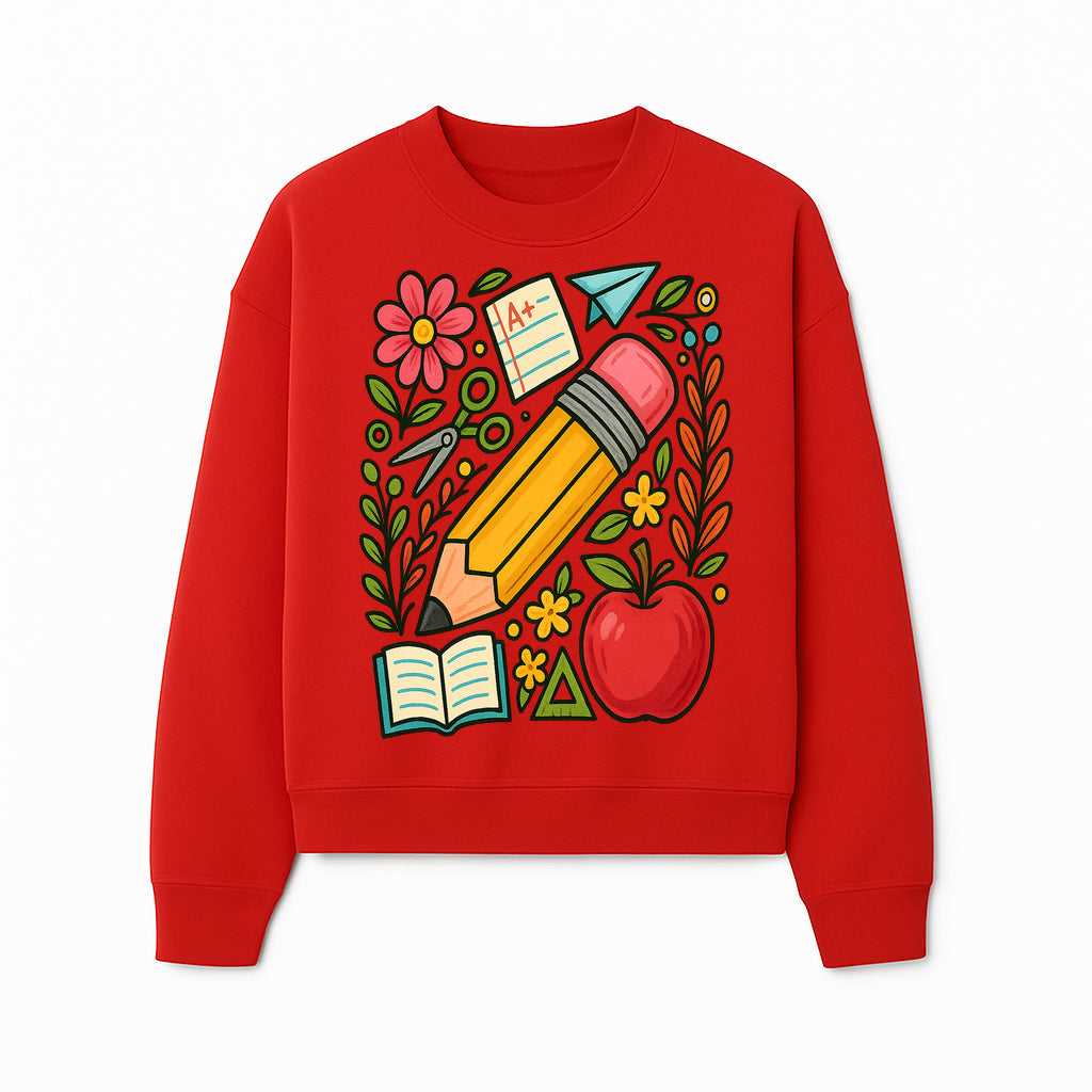Colorful School Supplies Illustration Pencil, Apple, Flowers, Book and A+ Note Cute Educational Art Print for Classroom Decor - Sweatshirt 1758093372462.jpg