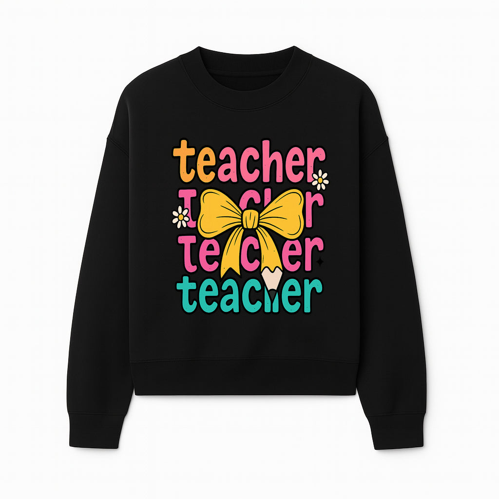 Colorful Teacher Graphic Tee with Pencil and Bow | Cute Teacher Appreciation Gift for Students or Educators - Sweatshirt 1758093372465.jpg