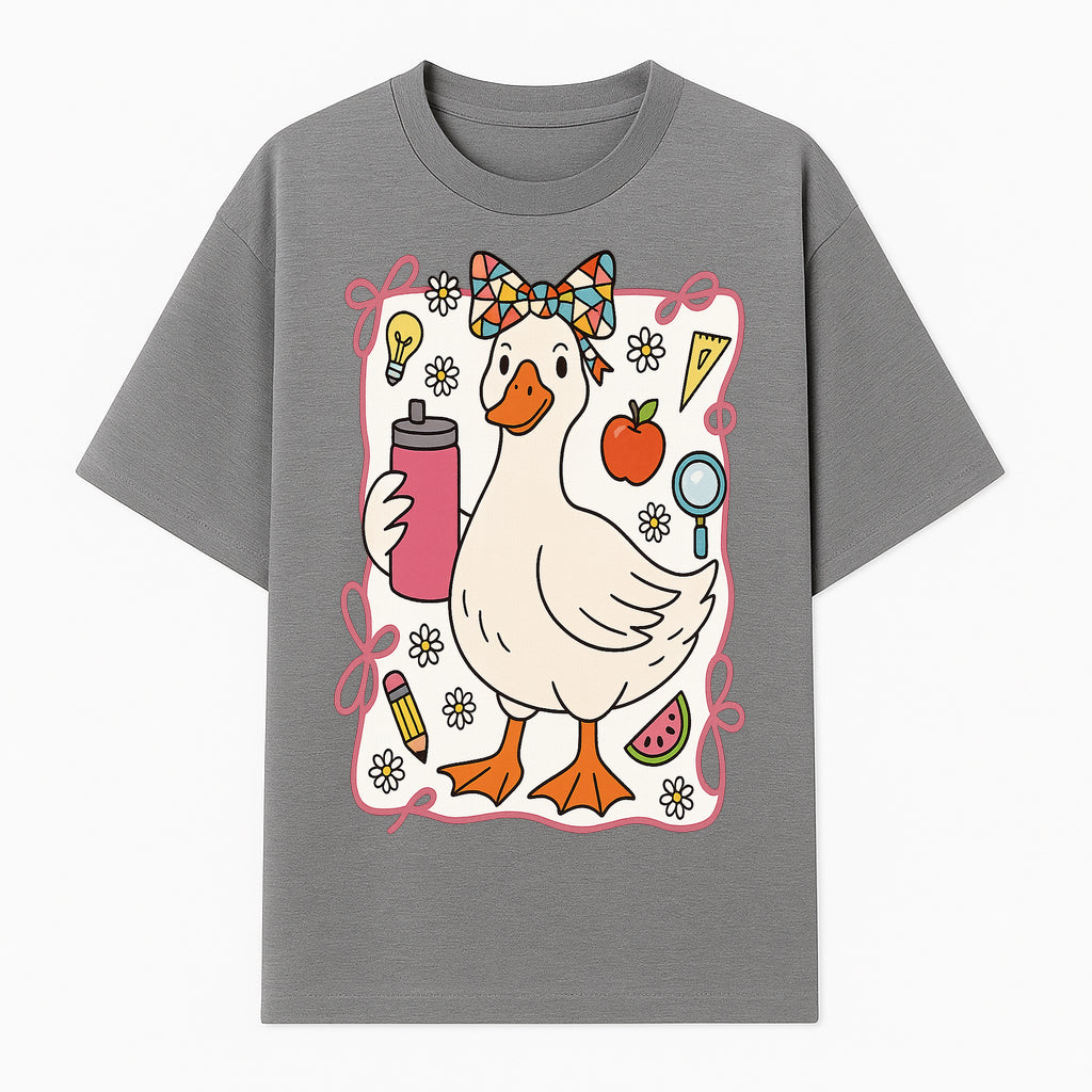 Cute Creative Duck Art Print with Supplies, Colorful Bow, and Fun Icons - Whimsical Home Decor for Kids and Animal Lovers - T-shirt 1758093372519.jpg