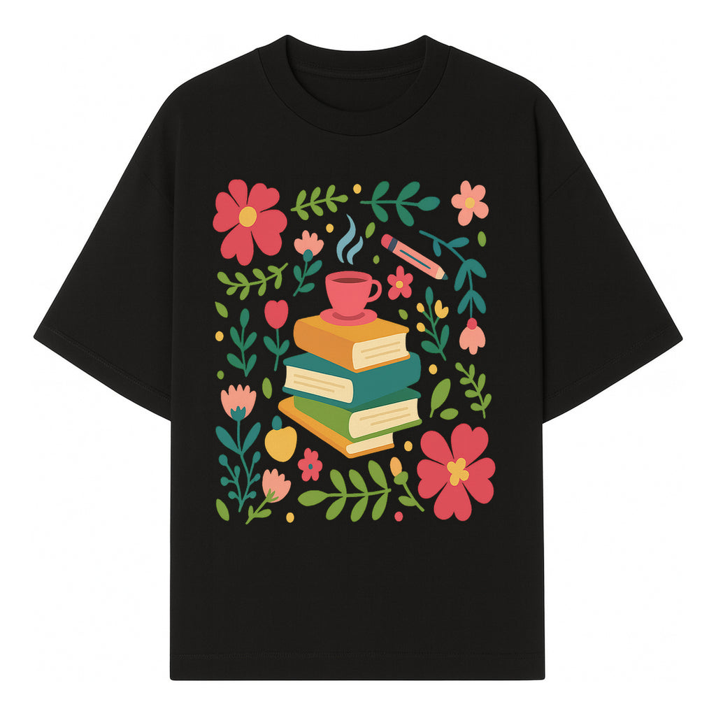 Whimsical Book Stack with Coffee and Flowers Art Print - Cozy Reading Decor for Home or Office - T-shirt 1758093372526.jpg