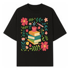 Whimsical Book Stack with Coffee and Flowers Art Print - Cozy Reading Decor for Home or Office - T-shirt 1758093372526.jpg