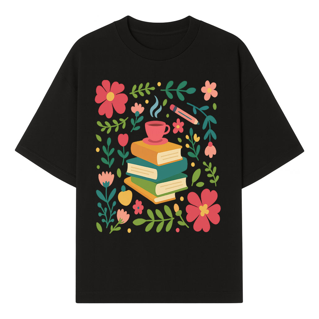 Whimsical Book Stack with Coffee and Flowers Art Print - Cozy Reading Decor for Home or Office - T-shirt 1758093372526.jpg