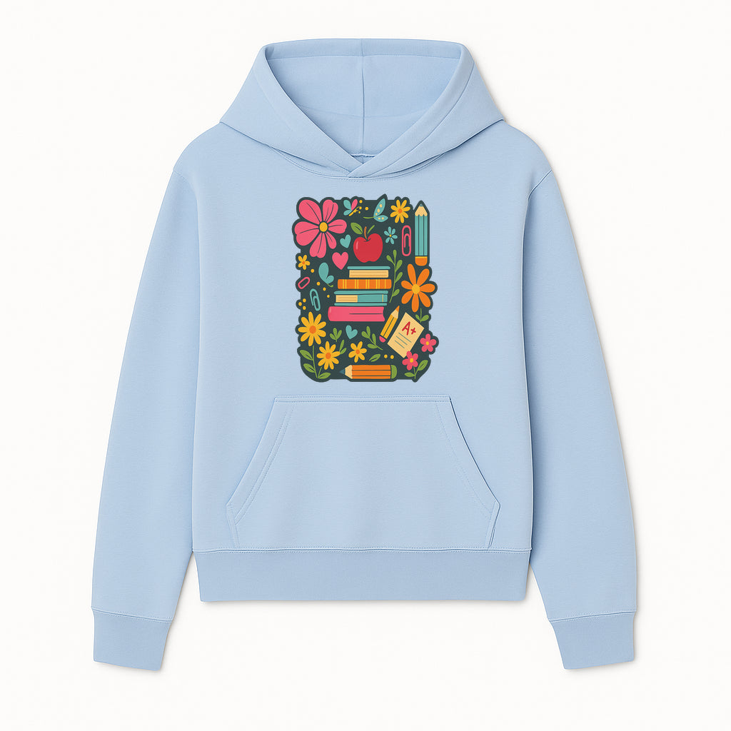Colorful School Supplies and Flowers Illustration, Cute Educational Wall Art, Back to School Decor, Classroom Decoration, Kids Room Art - Hoodie 1758093372535.jpg